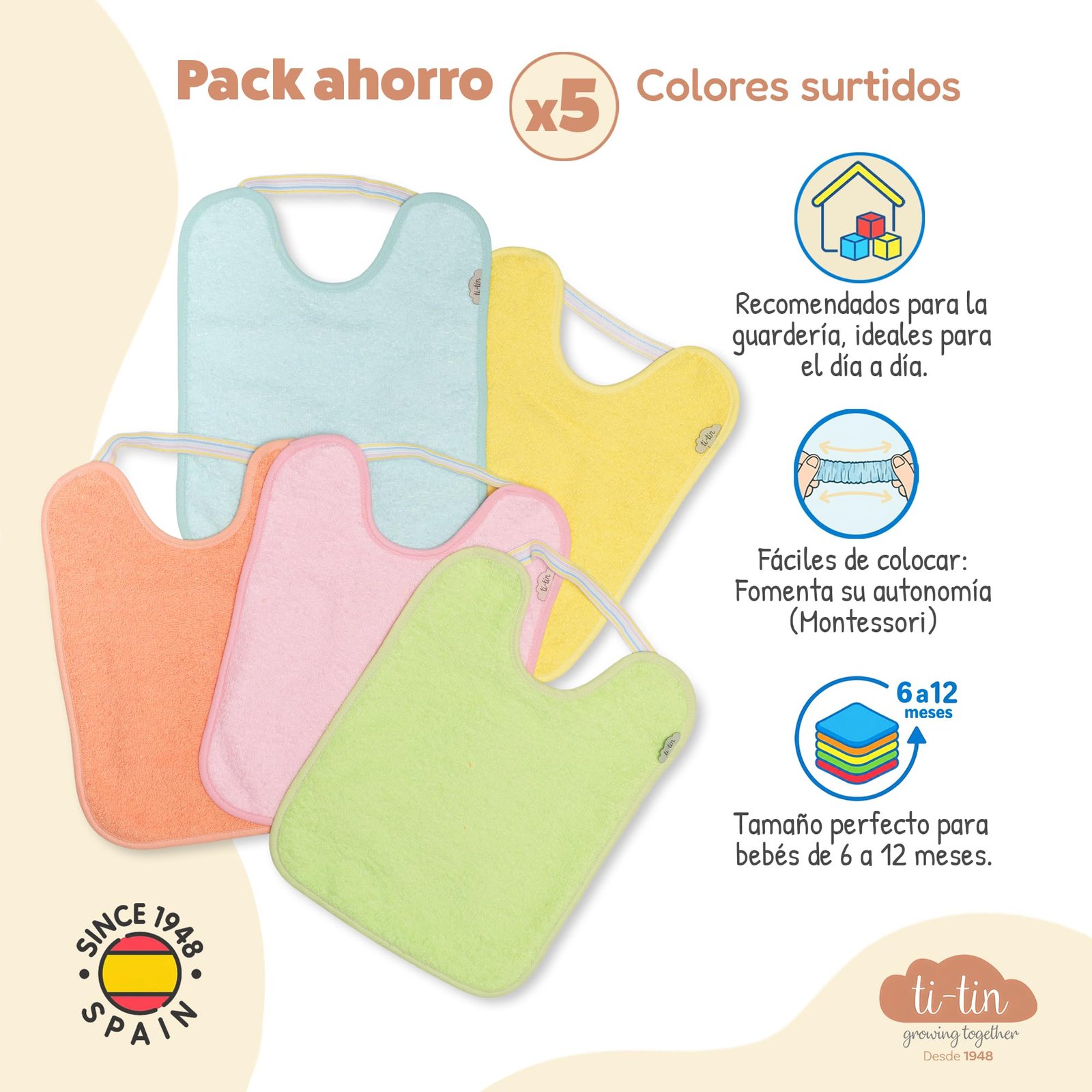 Ti TIN Pack 5 Baberos Bebé Impermeables 31x24 cm, 6-12 Meses | 100% Rizo Algodón Suave y Absorvente, Ideal Guardería, Ajustable con Goma Elástica, Lavadora y Secadora