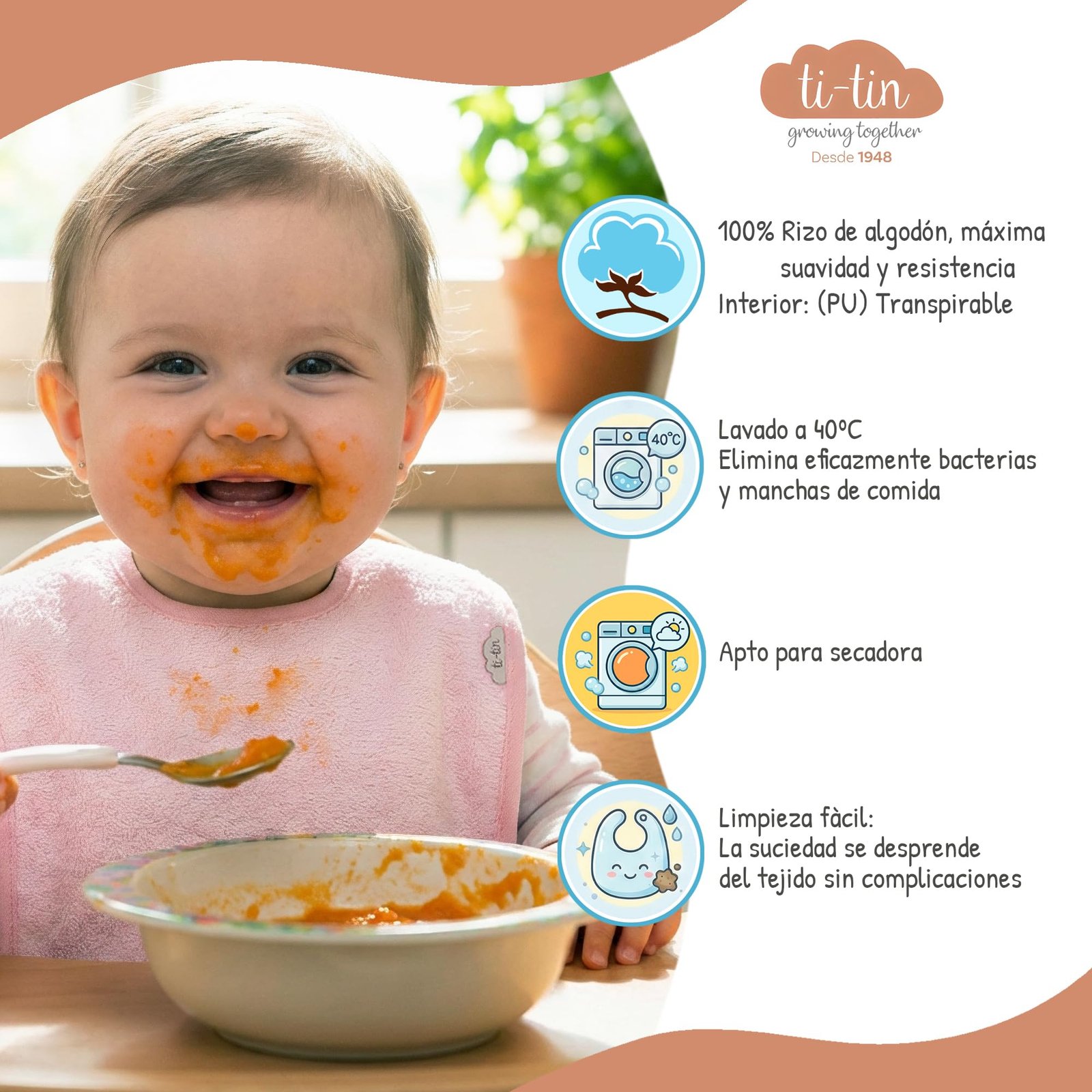 Ti TIN Pack 5 Baberos Bebé Impermeables 31x24 cm, 6-12 Meses | 100% Rizo Algodón Suave y Absorvente, Ideal Guardería, Ajustable con Goma Elástica, Lavadora y Secadora