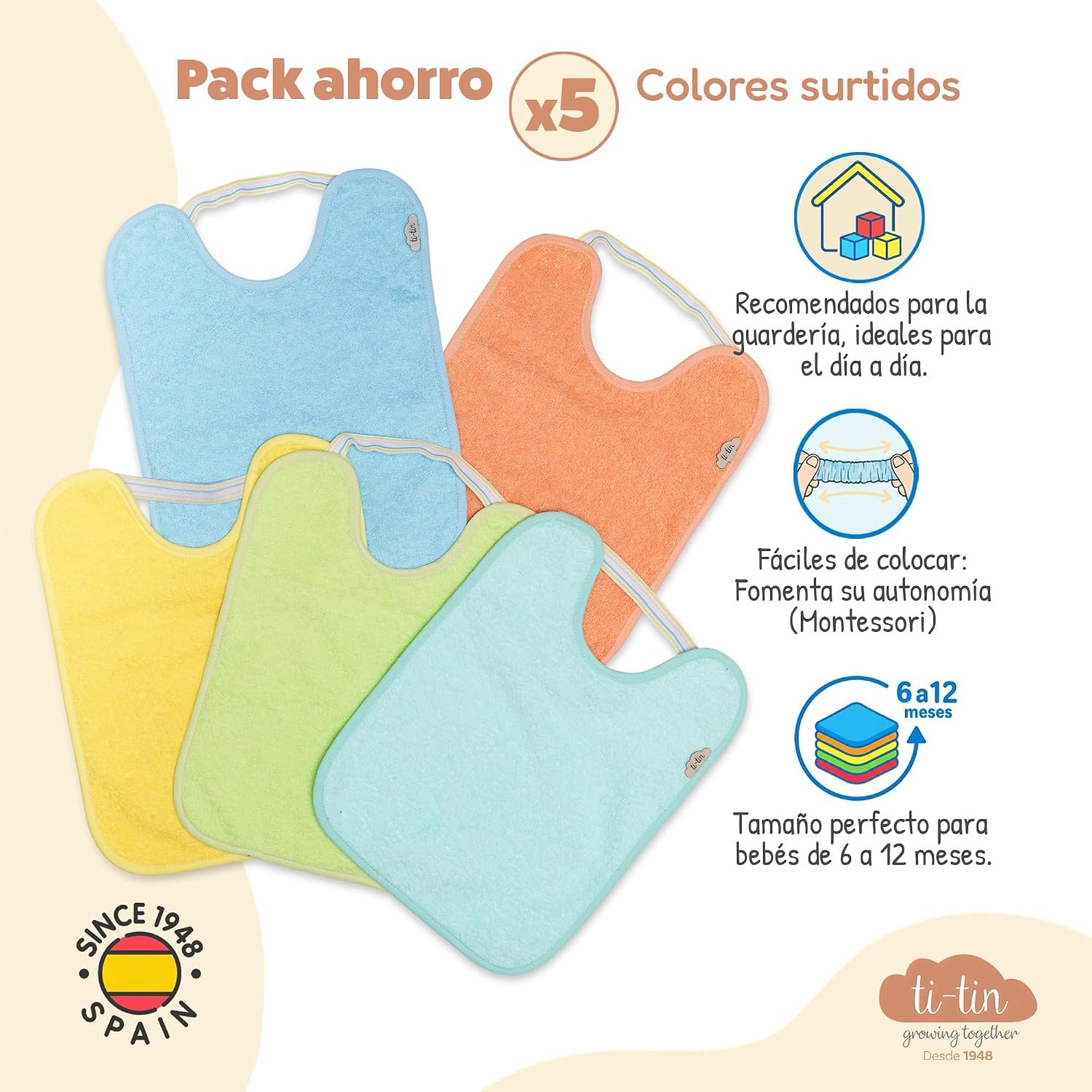 Ti TIN Pack 5 Baberos Bebé Impermeables 31x24 cm, 6-12 Meses | 100% Rizo Algodón Suave y Absorvente, Ideal Guardería, Ajustable con Goma Elástica, Lavadora y Secadora