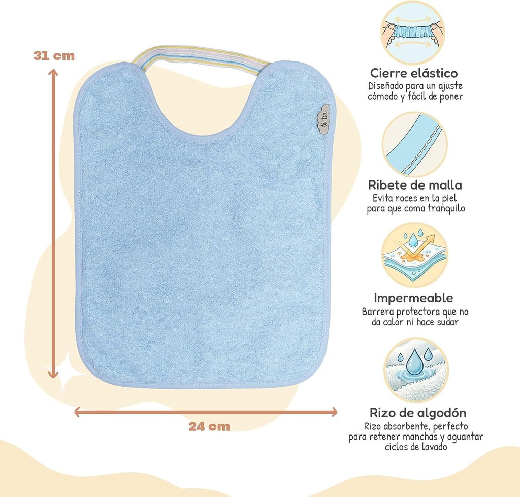 Ti TIN Pack 5 Baberos Bebé Impermeables 31x24 cm, 6-12 Meses | 100% Rizo Algodón Suave y Absorvente, Ideal Guardería, Ajustable con Goma Elástica, Lavadora y Secadora