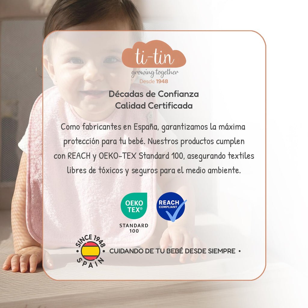 Ti TIN Pack 5 Baberos Bebé Impermeables 31x24 cm, 6-12 Meses | 100% Rizo Algodón Suave y Absorvente, Ideal Guardería, Ajustable con Goma Elástica, Lavadora y Secadora