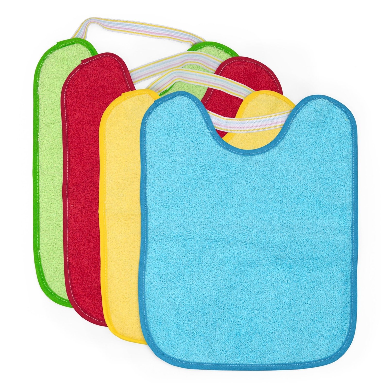 Ti TIN Pack 4 Baberos Bebé Impermeables 31x24 cm, 6-12 Meses | 90% Rizo Algodón Suave y Absorvente, Ideal Guardería, Ajustable con Goma Elástica, Lavadora y Secadora
