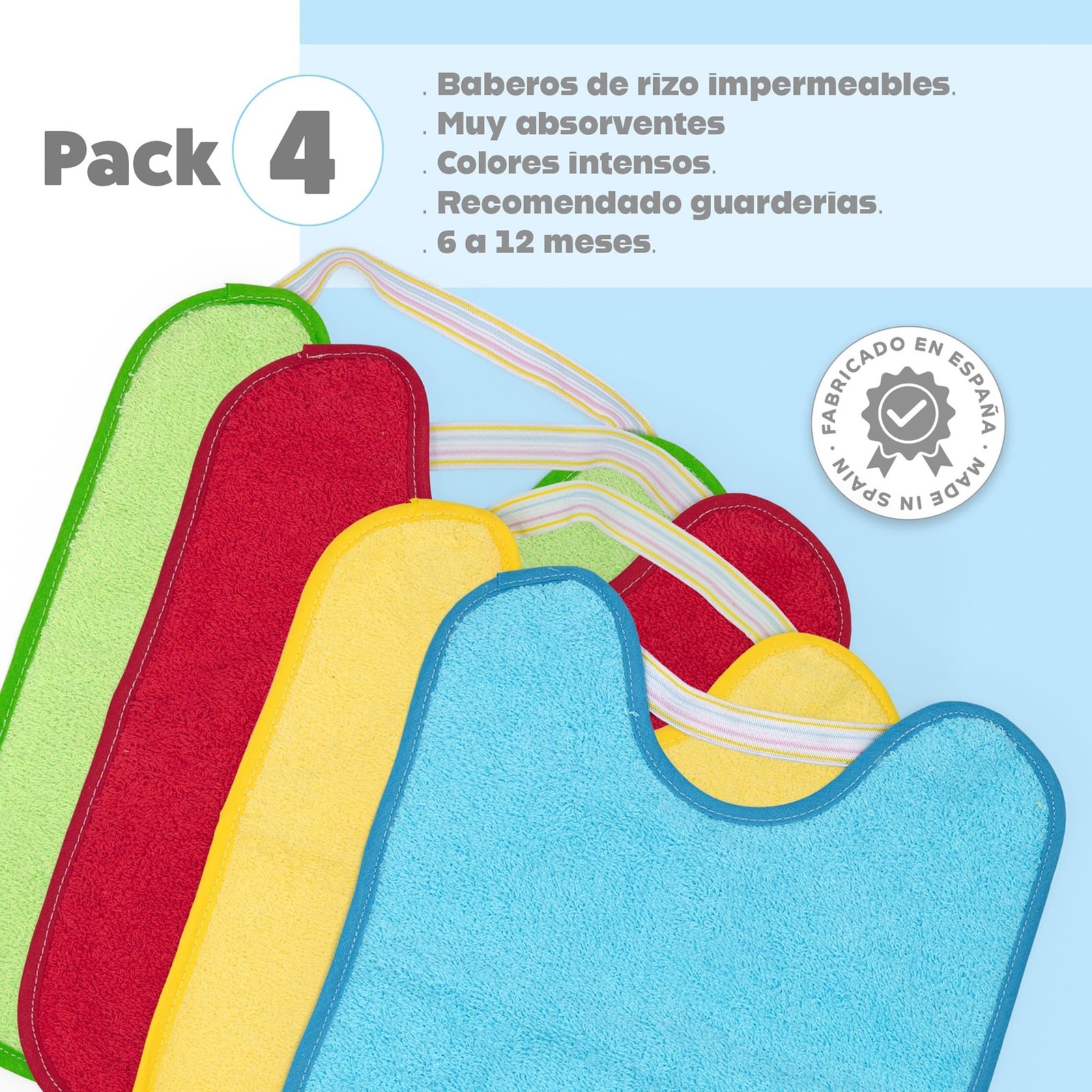 Ti TIN Pack 4 Baberos Bebé Impermeables 31x24 cm, 6-12 Meses | 90% Rizo Algodón Suave y Absorvente, Ideal Guardería, Ajustable con Goma Elástica, Lavadora y Secadora